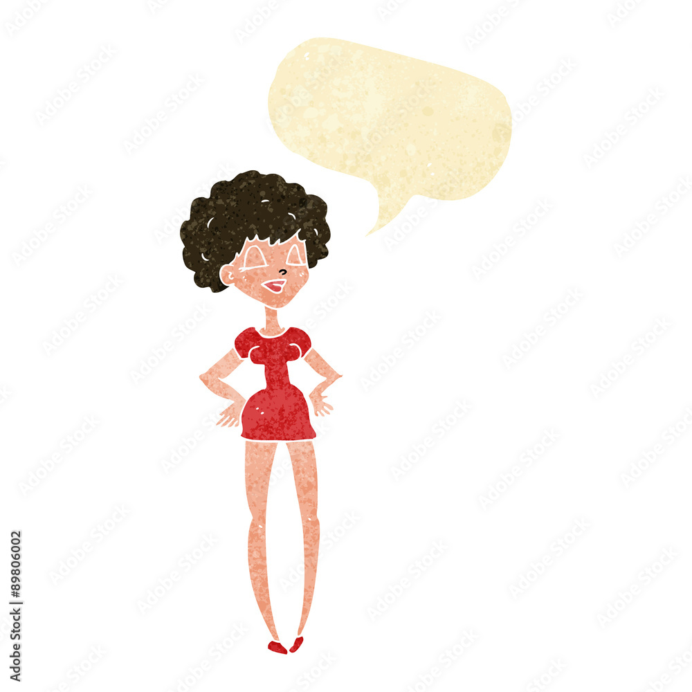 cartoon happy woman with hands on hips with speech bubble cartoon happy woman with hands on hips with speech bubble