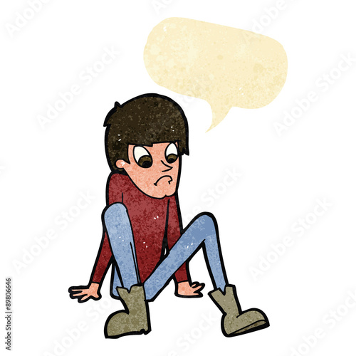 cartoon boy sitting on floor with speech bubble