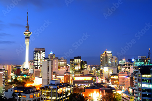 Aerial view of Auckland financial center skyline at dusk