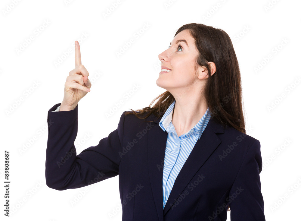 Young businesswoman look at the finger she pointing Young businesswoman look at the finger she pointing