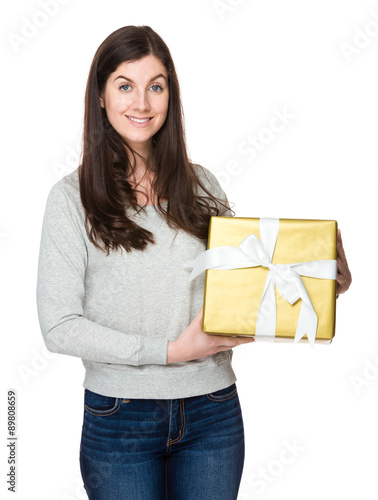 Brunette woman hold with giftbox