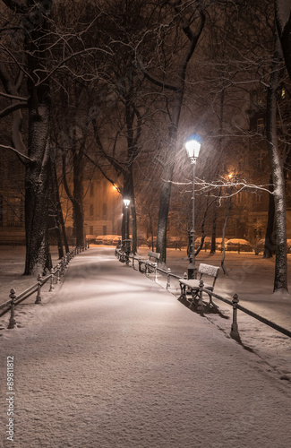 Krakow, Poland, alley in the Planty park seen in the night during snow. #89811812