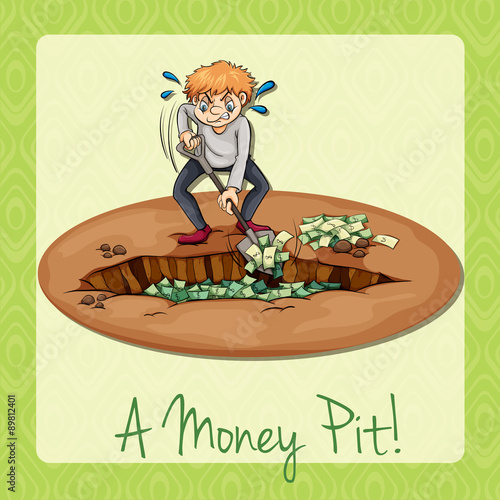 Man digging pit full of money