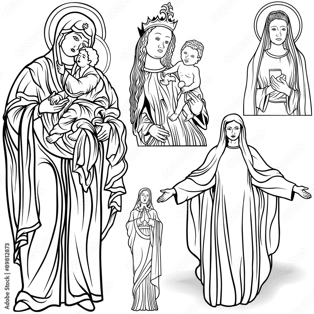 Virgin Mary Set - Black and White Outlined Illustrations, Vector Virgin Mary Set - Black and White Outlined Illustrations, Vector