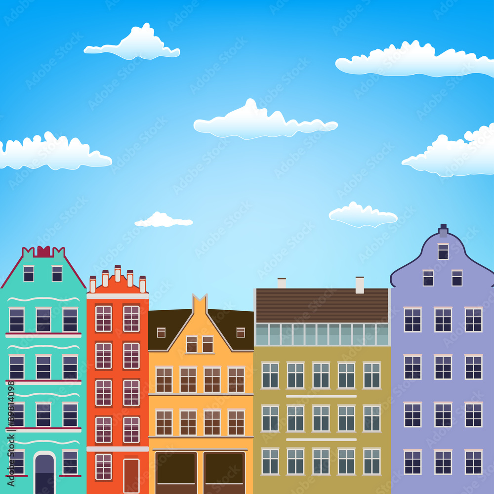 retro house facade and sky with clouds background. vector illust