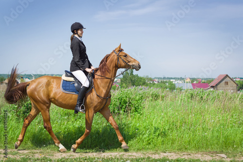 Beautiful girl jockey ridding horse in a field © Demian