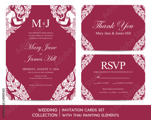 Wedding invitation cards set with thai painting elements