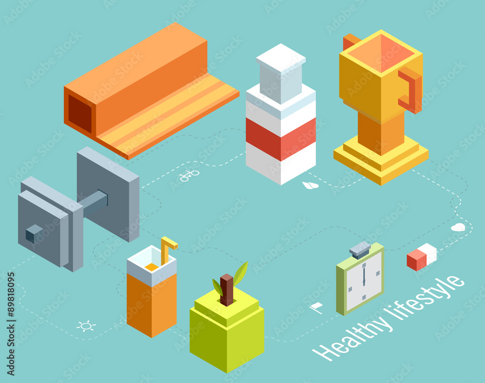 Isometric vector illustration of icons for fitness and diet Isometric vector illustration of icons for fitness and diet