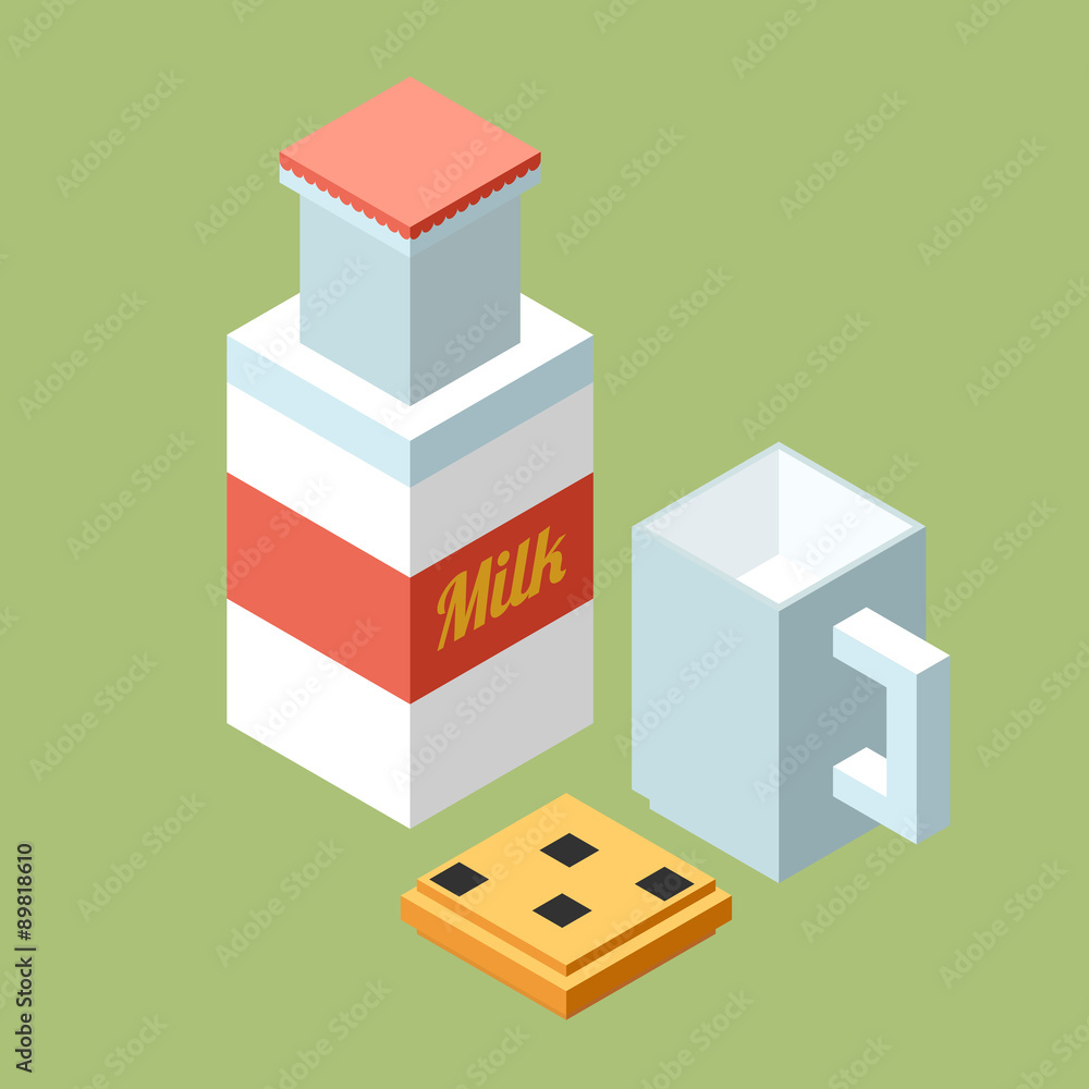 Stylish isometric glass of milk and chocolate chip cookie. Stylish isometric glass of milk and chocolate chip cookie.