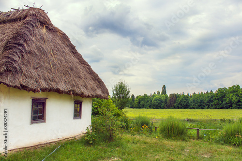 Ukrainian hut thatched sloping field near #89824281