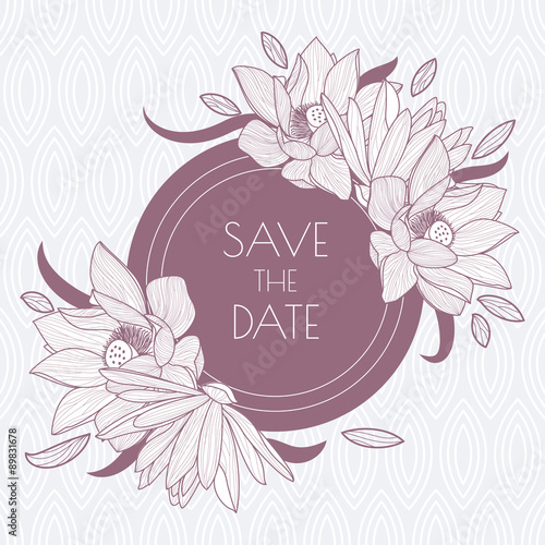 Fototapeta Naklejka Na Ścianę i Meble -  Floral round frame and seamless leaf pattern. Vector vintage bac