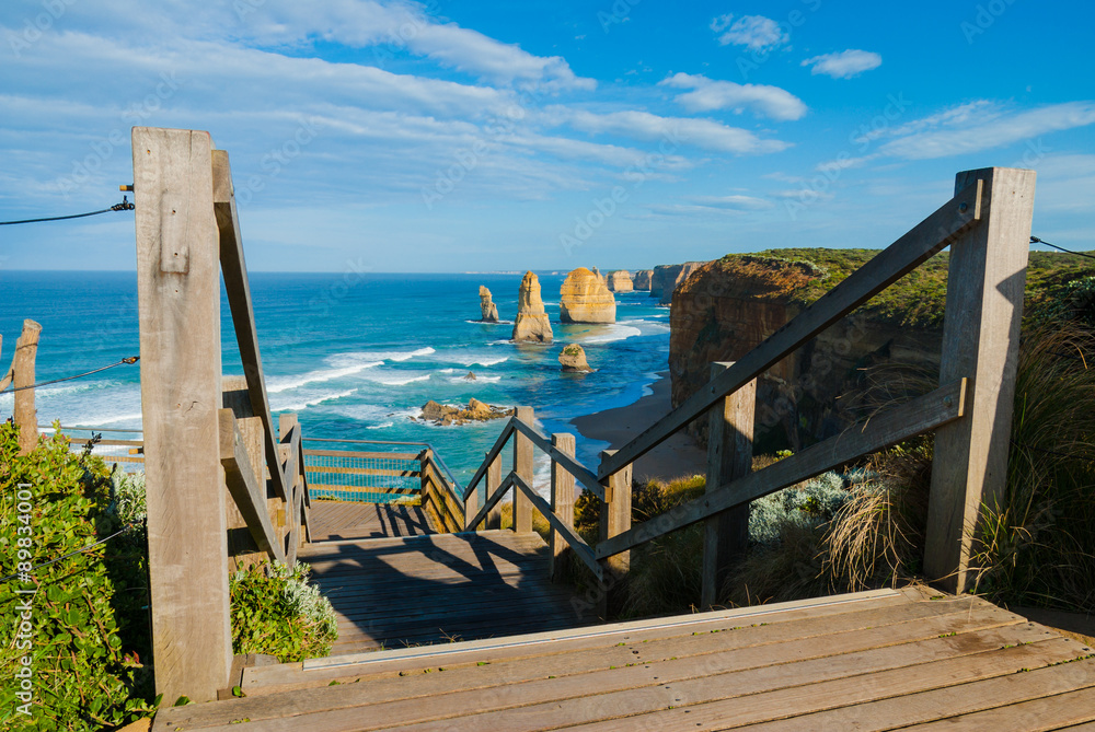 Steps leading to viewing platform at the landmark Twelve Apostles along the famous Great Ocean Road, Victoria, Australia