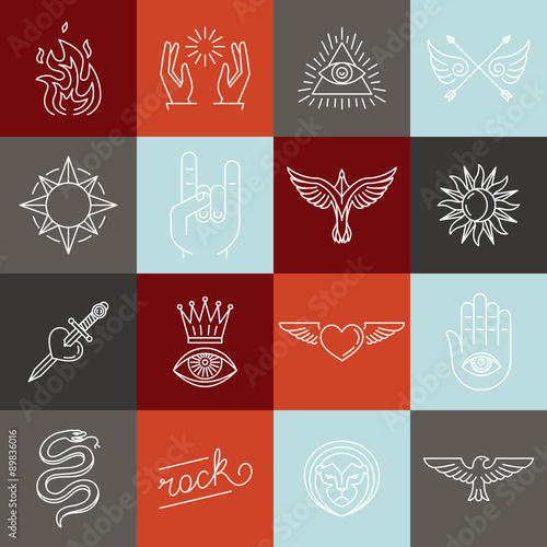 Vector set of trendy linear hipster icons and symbols