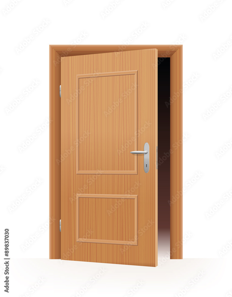 Fototapeta premium Ajar door - wooden optic - dark room inside. Vector illustration on off-white to white gradient background.