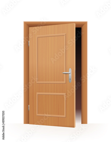 Ajar door - wooden optic - dark room inside. Vector illustration on off-white to white gradient background.