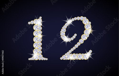 Number 1 and 2 composed from diamonds with golden frame. Complete alphanumeric set.