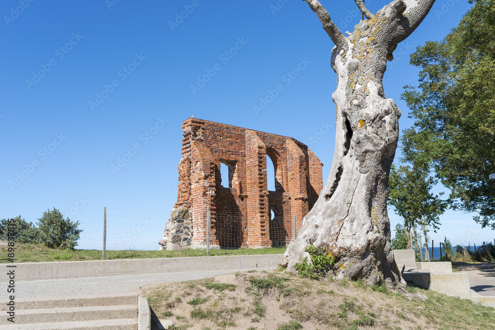 Ruins of gothic church from 1415th century located in Trzesacz near the Baltic Sea. Currently, Remained only fragment of southern wall. Trzesacz village, Poland, Europe.