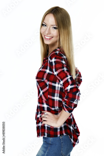 young happy girl in straw hat and red shirt, studio shoot isolat
