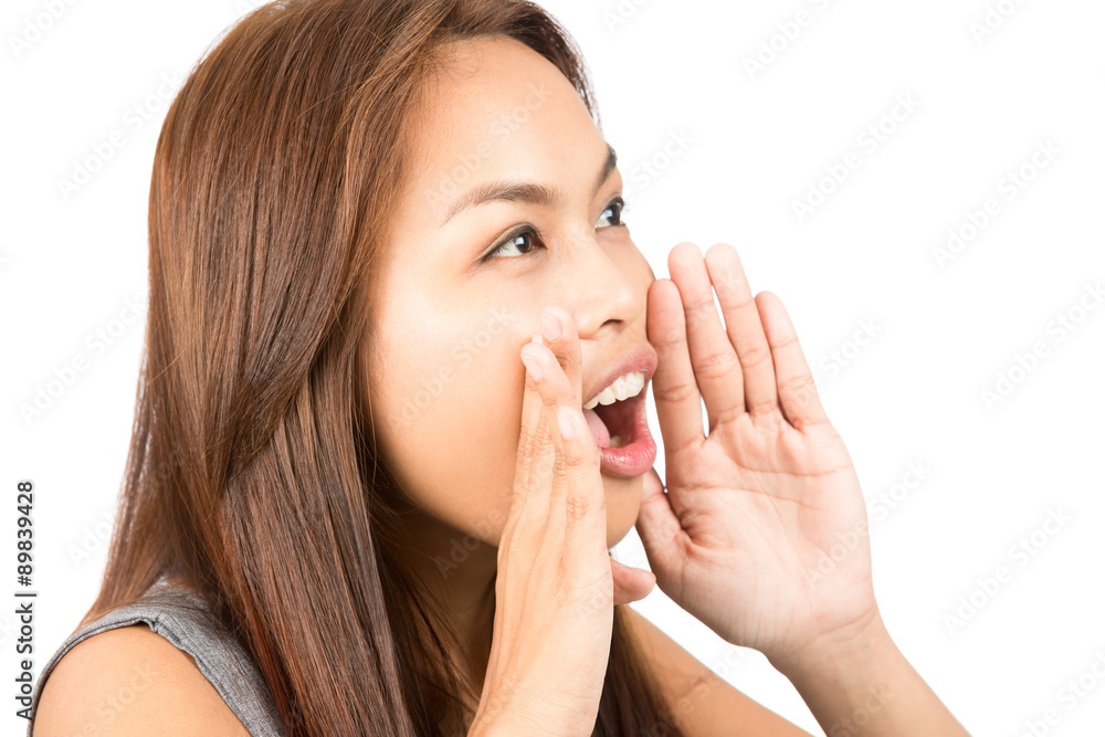 Asian Girl Telling Secret Hands Protecting Mouth Asian Girl Telling Secret Hands Protecting Mouth