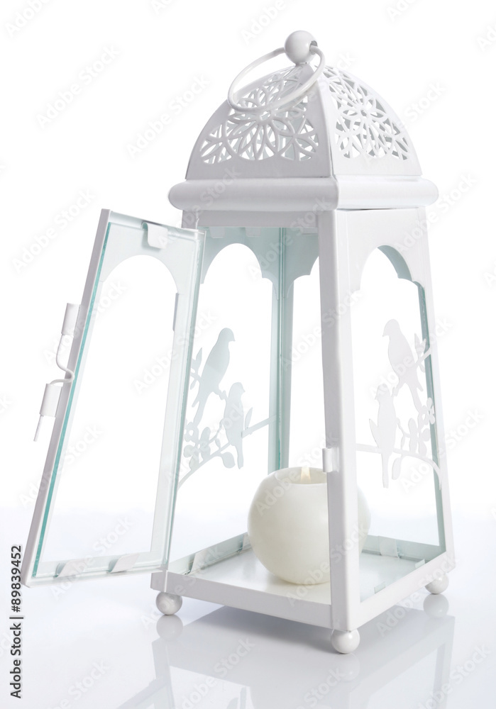 Fototapeta premium White metal lantern with candle