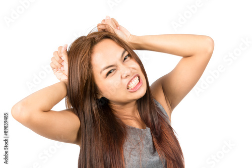 Frustrated Asian Girl Temper Tantrum Pulling Hair