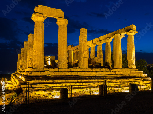 Temple of Juno at night. New led lighting system. Valley of Temples, Agrigento