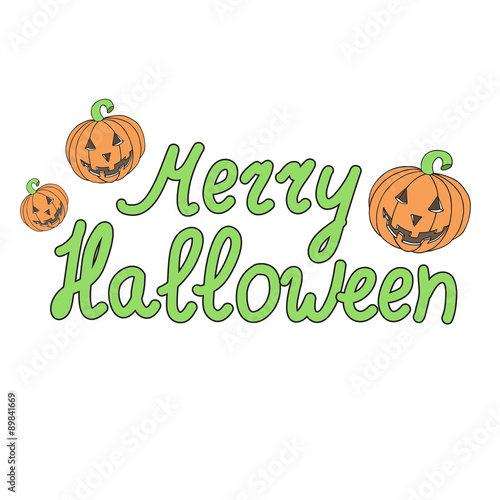 Greeting card with pumpkins and words  merry halloween