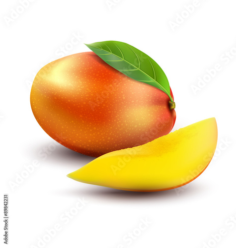 Vector ripe mango fruit with slices, on a white background