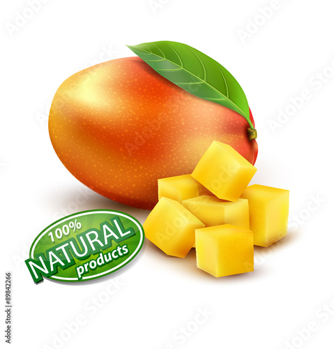 Vector ripe mango fruit with slices, on a white background