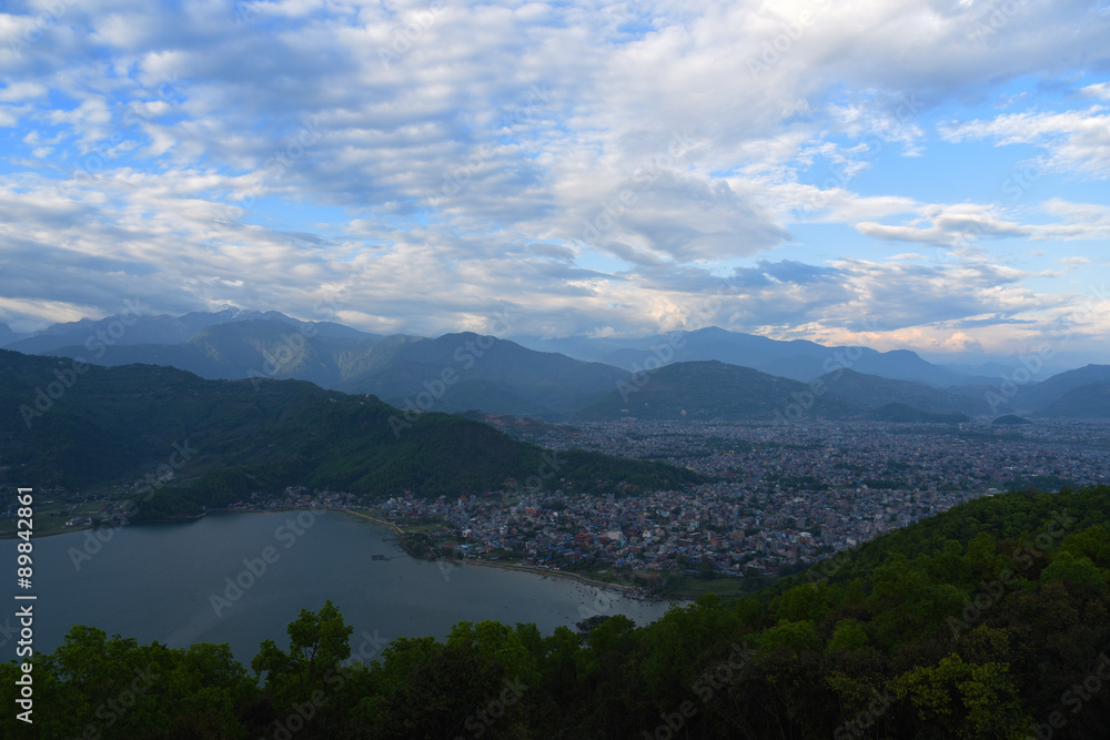 top view of Phewa lake and town in Pokhara,Nepal