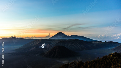 Breathtaking view over the caldera of Bromo volcano at dawn