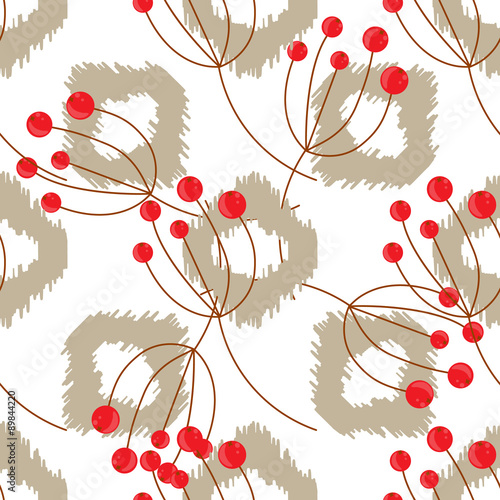 Ikat vector seamless pattern with rowanberry branch. Abstract