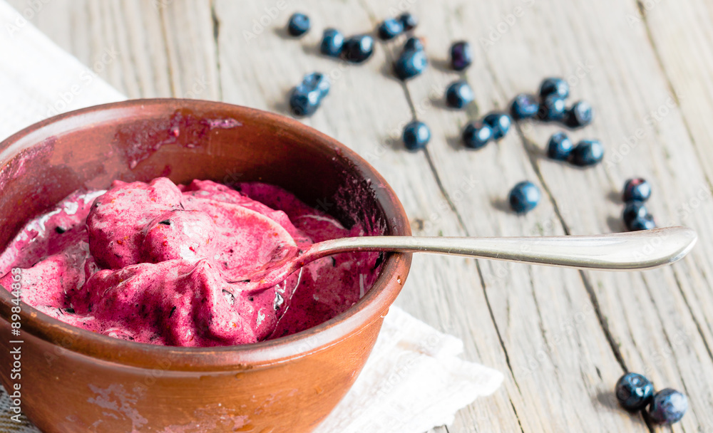 Fototapeta premium banana ice cream with blueberries, healthy dessert, vegan