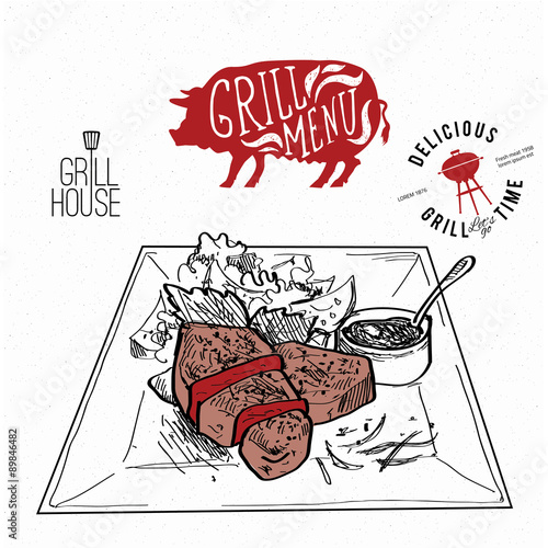  BBQ poster design with sausage & meat