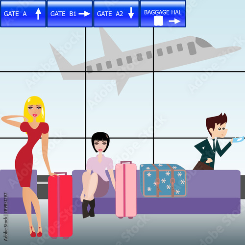 Business man and pretty women waiting in the hall on the airport.
