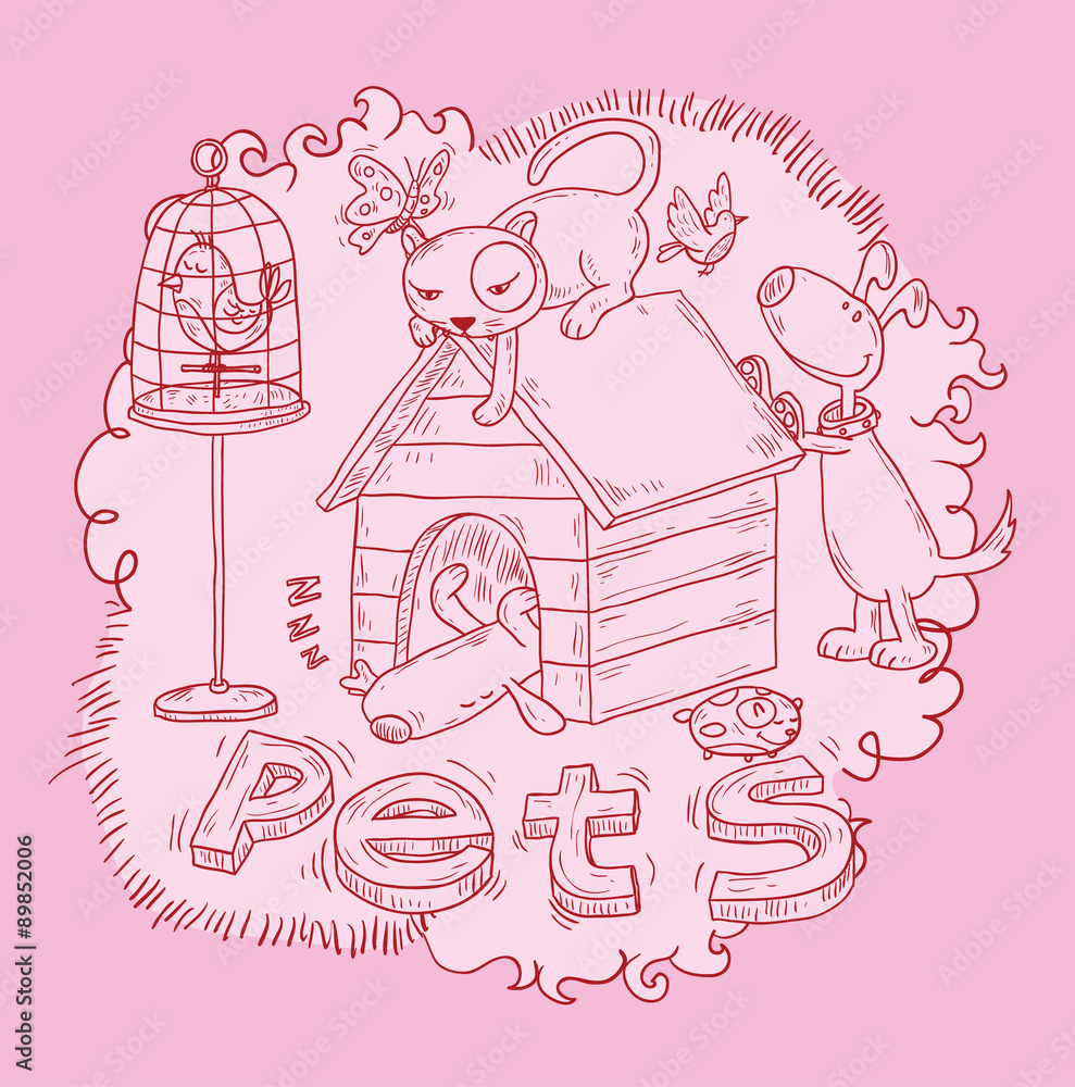  Pet icons doodle, vector illustration. 