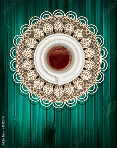vector cup of coffee on a tracery napkin and a wooden  green bac