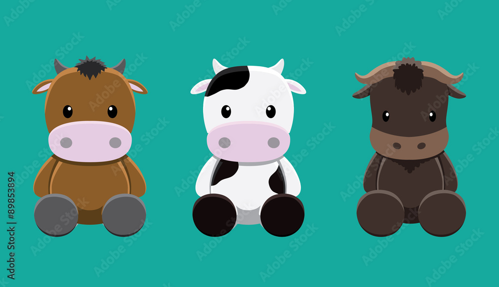 Naklejka premium Cattle Cow Wildebeest Doll Set Cartoon Vector Illustration
