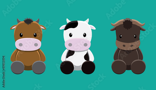 Cattle Cow Wildebeest Doll Set Cartoon Vector Illustration