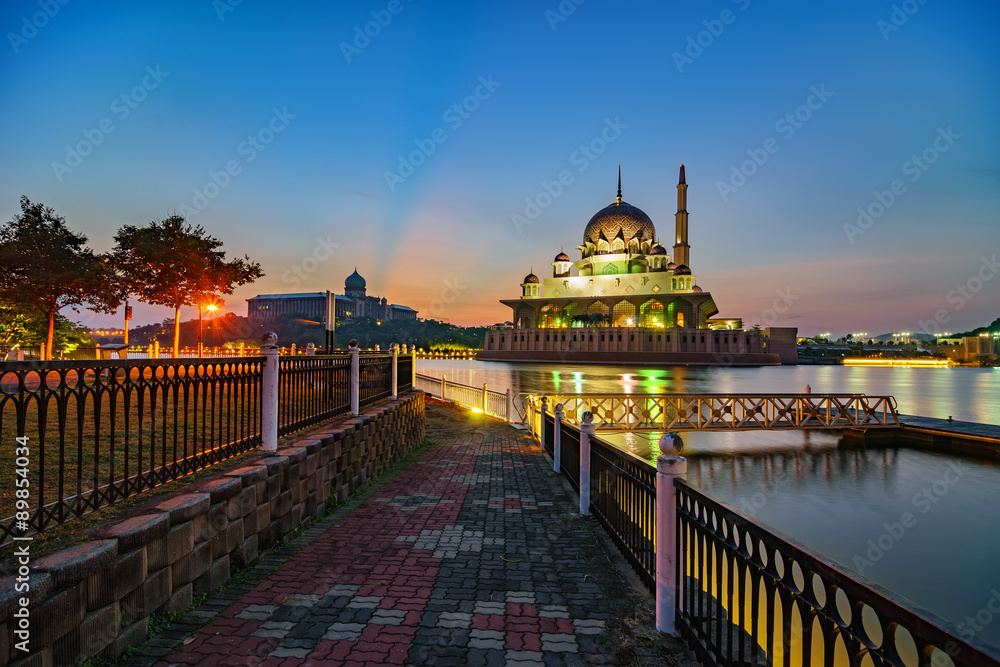 Beautiful view of Putra Mosque during sunrise in Putrajaya, Malaysia