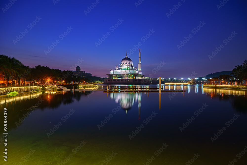 Beautiful view of Putra Mosque during sunrise in Putrajaya, Malaysia