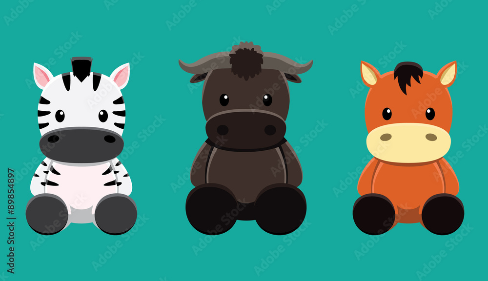 Naklejka premium Buffalo Zebra Horse Doll Set Cartoon Vector Illustration