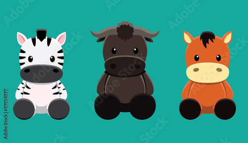 Buffalo Zebra Horse Doll Set Cartoon Vector Illustration