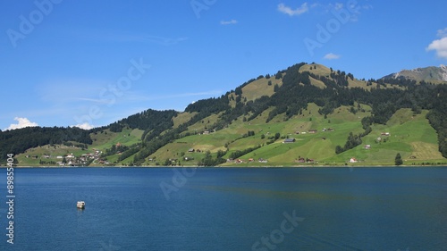 Blue water of lake Waegitall and village Innerthal