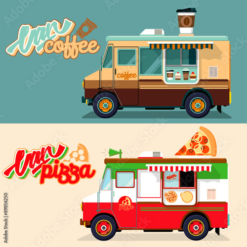 Street food van. Fast food delivery. Coffee van Flat design vector illustration
