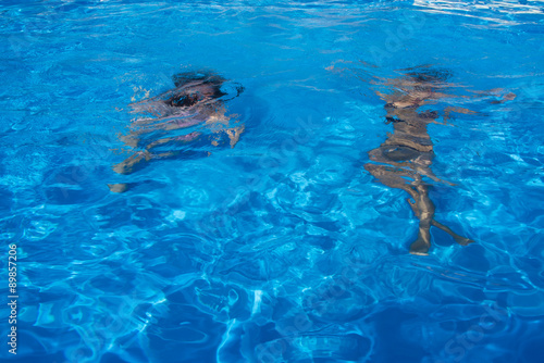 Young girls swimming under water
