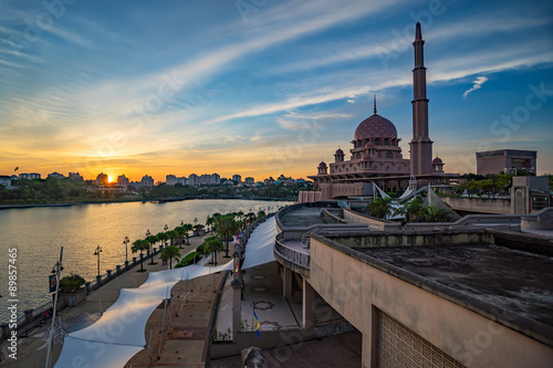 Beautiful sunset view of Putra Mosque located in Putrajaya, Malaysia
