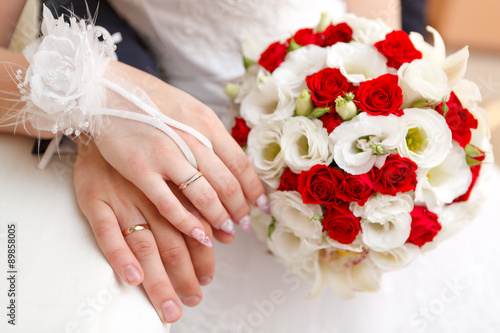 Hand of the groom and the bride at a wedding party