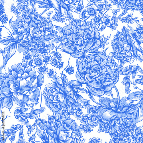 Blue Floral Seamless Pattern with Peonies in Vintage Style