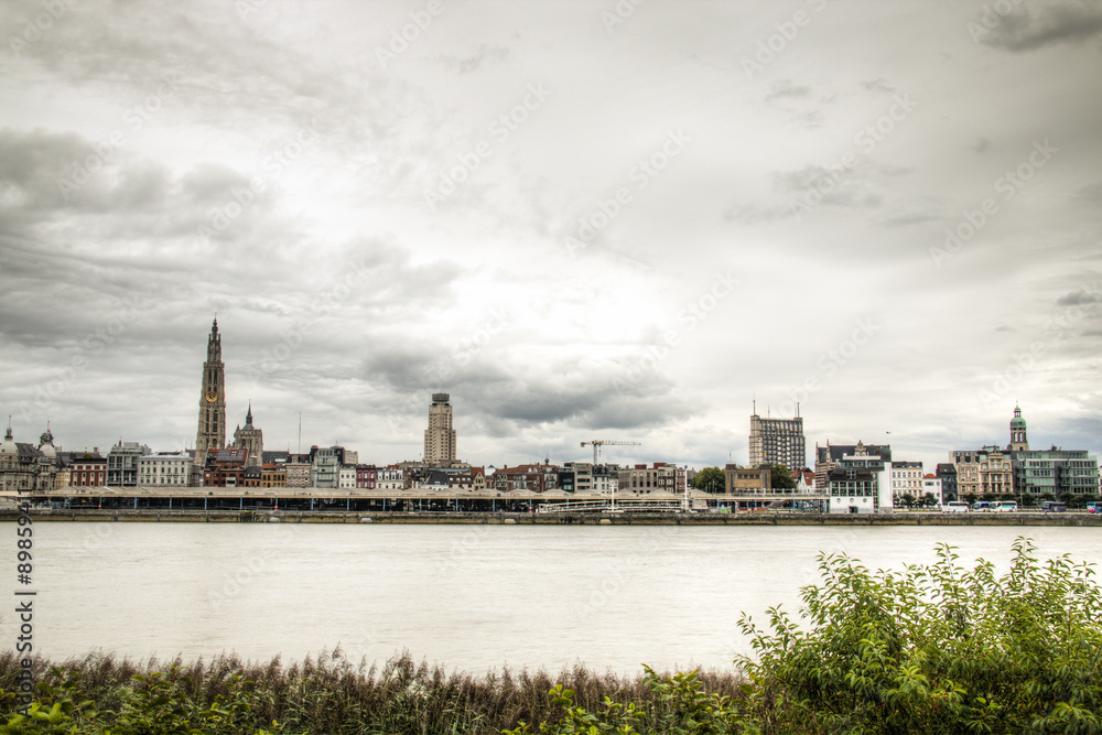 The skyline of Antwerp, Belgium with the Schelde river seen from Linkeroever